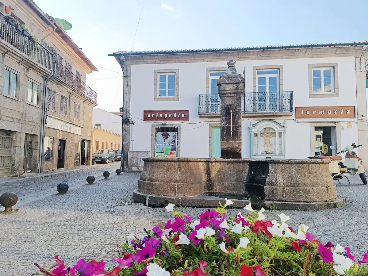 Freguesias da Lixa - Fontes históricas da Lixa: conheça dois marcos do património local 2 Fonte da Praça Dr. António Inácio Coimbra, na Lixa, com tanque curvo em granito e coluna central, flores em primeiro plano e edifícios ao fundo.